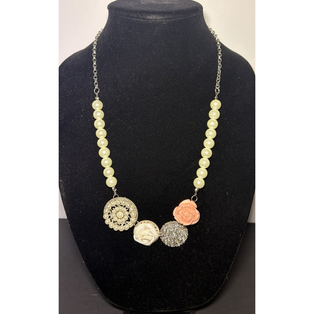 Vintage Rose Necklace Pink Celluloid Flowers Linked Faux Pearl 19" Adjustable